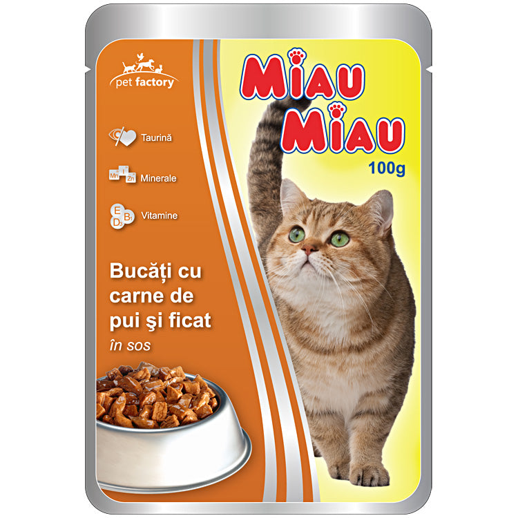 Miau Miau Plic Pui şi Ficat în Sos 100g Miau Miau Plic Pui şi Ficat în Sos 100g