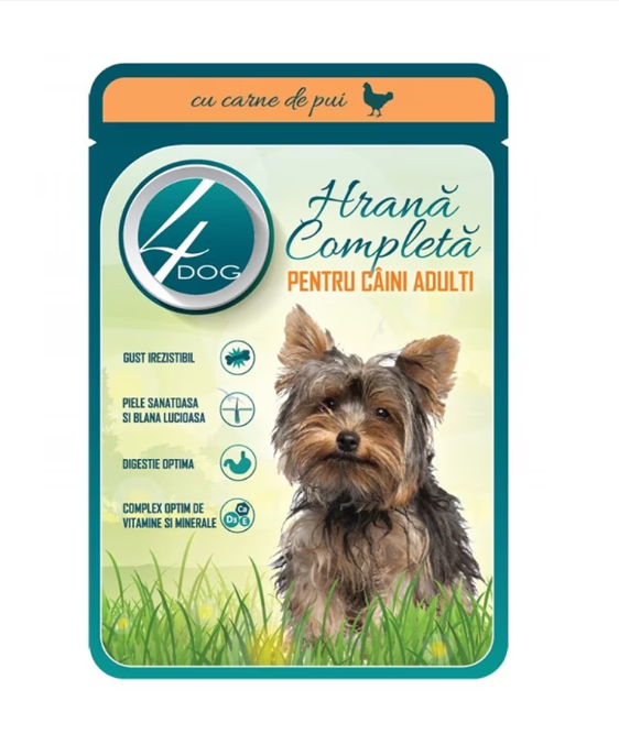 4Dog Hrană Umedă pentru Câini Adulți cu Carne de Pui în Sos, 100g