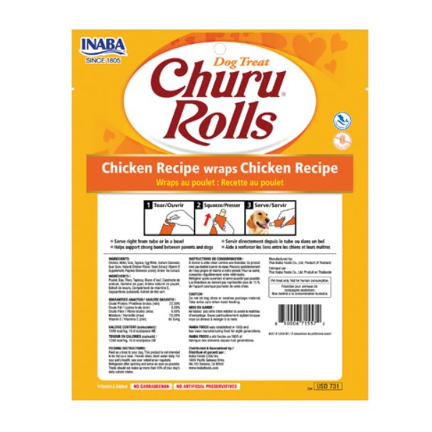 INABA Dog Churu Rolls cu Pui – Recompense moi pentru câini, 8 buc