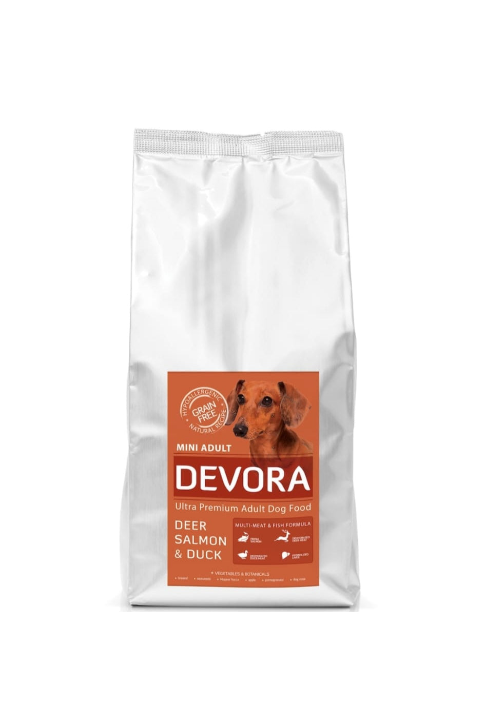 Hrana uscata pentru caini Devora Grain Free Mini Adult cu caprioara, somon si rata 7.5 kg Hrana uscata pentru caini Devora Grain Free Mini Adult cu caprioara, somon si rata 7.5 kg