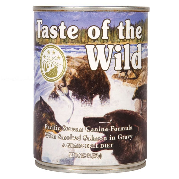 Taste of the Wild Pacific Stream Canine – Hrană umedă completă pentru câini adulți și sensibili 390g