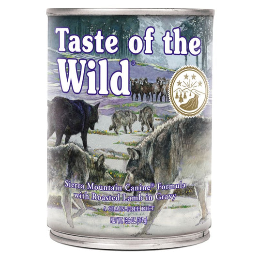 Taste of the Wild Sierra Mountain Canine – Hrană umedă completă cu miel, pentru câini de toate rasele și vârstele 390g
