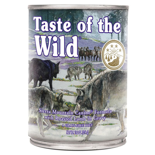 Taste of the Wild Sierra Mountain Canine – Hrană umedă completă cu miel, pentru câini de toate rasele și vârstele 390g