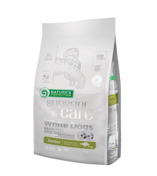 Nature’s Protection Superior Care White Dogs Junior cu Pește Alb – 1,5 kg