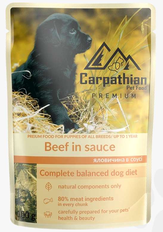 Hrana umedă premium pentru câini Carpathian Junior Vită în Sos – 100 g