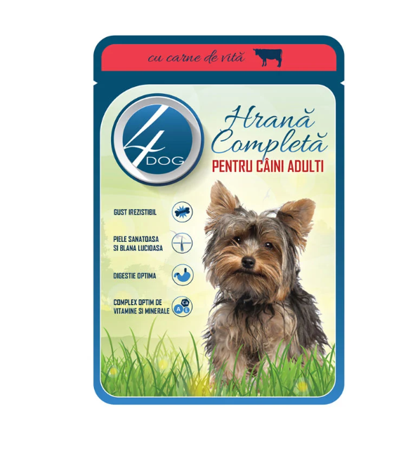 4Dog Hrană Umedă pentru Câini Adulți cu Carne de Vita în Sos, 100g