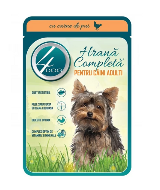 4Dog Hrană Umedă pentru Câini Adulți cu Carne de Pui în Sos, 100g
