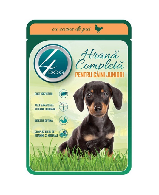 4Dog Junior Hrană Umedă pentru Câini Juniori cu Carne de Pui în Sos, 100g