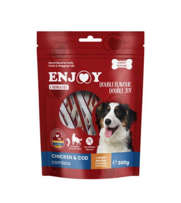 Recompense pentru caini Enjoy Carnivore Chicken Combo cu pui si cod 300 gr