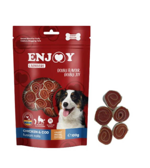 Recompense pentru caini Enjoy Carnivore Fusion Rolls cu pui si cod 100 gr