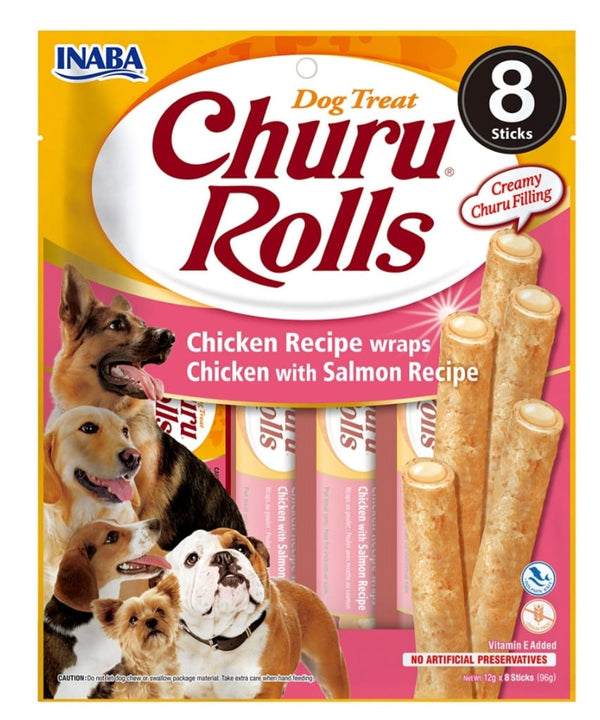 CHURU DOG ROLLS Recompense pt caini cu pui si somon 12gr x 8buc