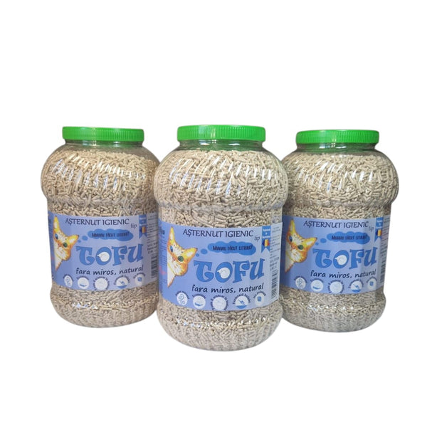 Tofu ecoMiau – Așternut biodegradabil și ecologic pentru pisici, natural, fara miros, Pachet 3x8 Litri